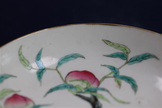 A Chinese famille rose Guangxu nine peach dish with blue glazed six character mark, 6.5in. diameter